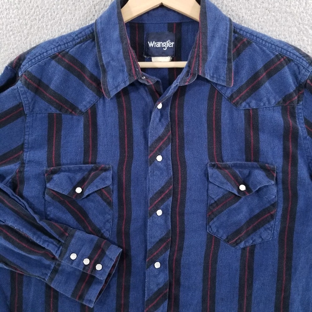 Vtg Wrangler Shirt Mens XL Blue Striped Pearl Snap Flannel Western Workwear